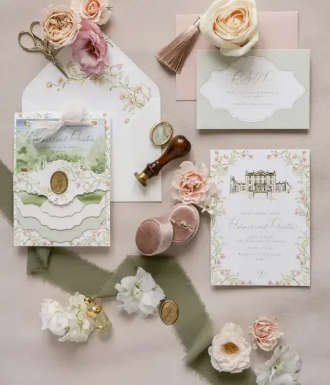 Papeterie de mariage, cachet de cire et fleurs séchées à plat