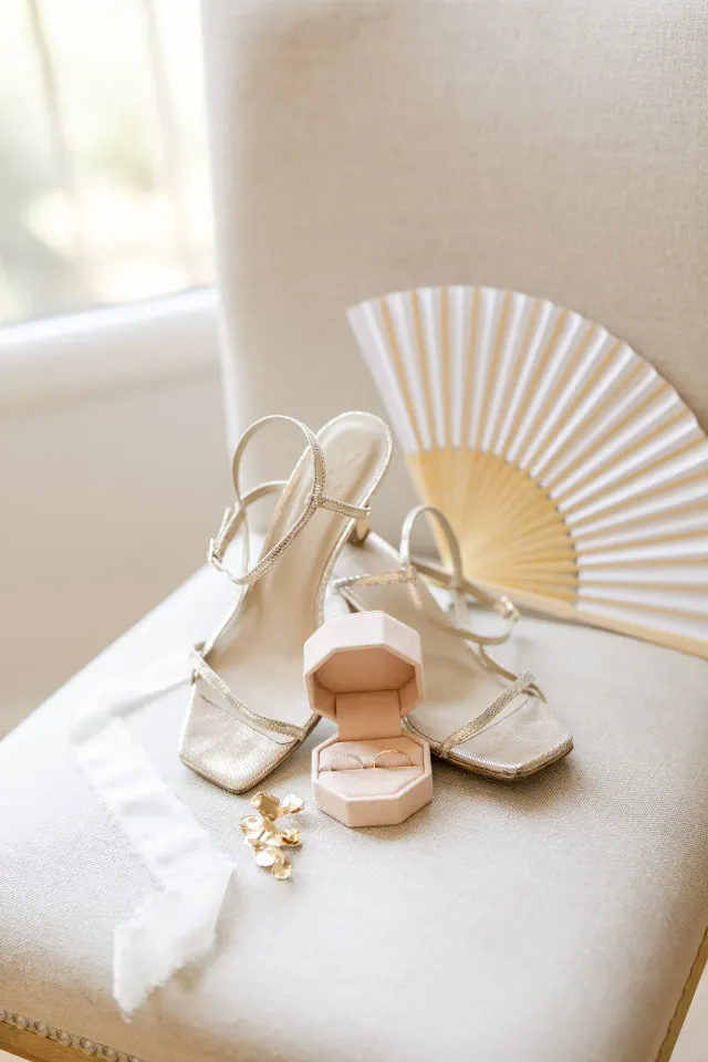 Escarpins de mariée et éventail sur un fauteuil clair